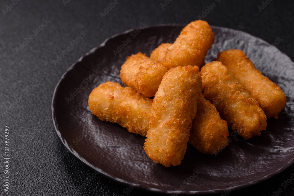 Delicious crispy cheese sticks with mozzarella, salt and spices Delicious crispy cheese sticks with mozzarella, salt and spices