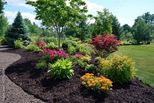 Landscapers create vibrant outdoor space by planting new shrubs and flowers on a sunny day