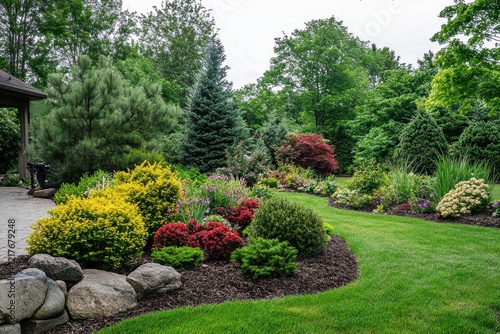Landscapers create vibrant outdoor space by planting new shrubs and flowers on a sunny day
