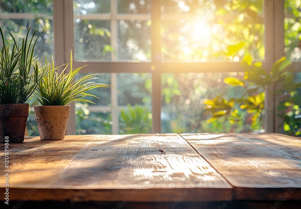 Fototapeta premium A wooden table with plants and sunlight streaming through the window, creating an inviting atmosphere for product display or branding design.
