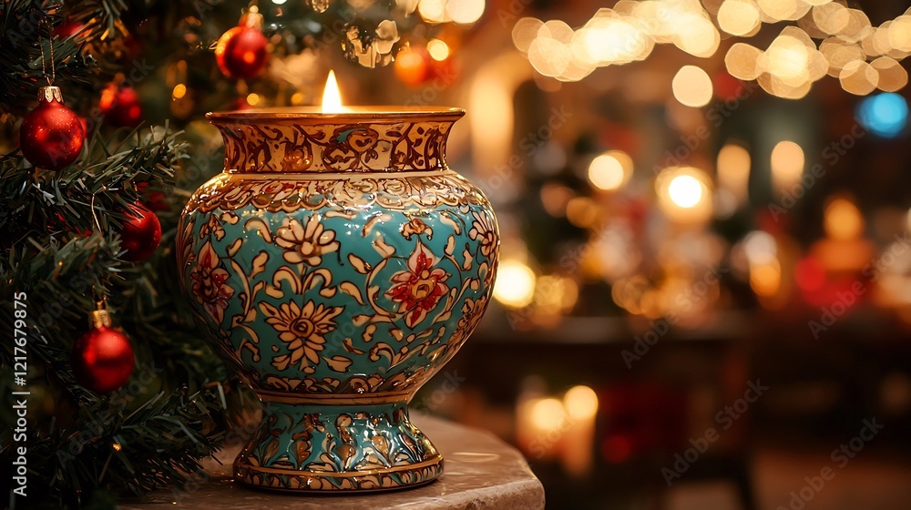 Intricate floral patterned teal ceramic candle holder lit among red Christmas decorations Intricate floral patterned teal ceramic candle holder lit among red Christmas decorations