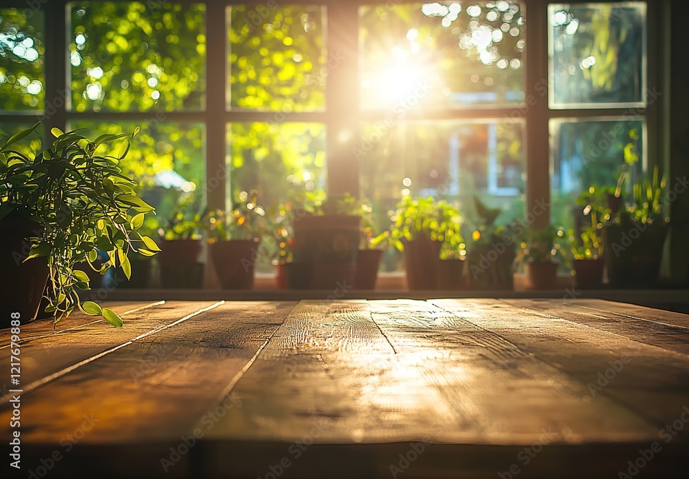 Fototapeta premium A wooden table with plants and sunlight streaming through the window, creating an inviting atmosphere for product display or branding design.