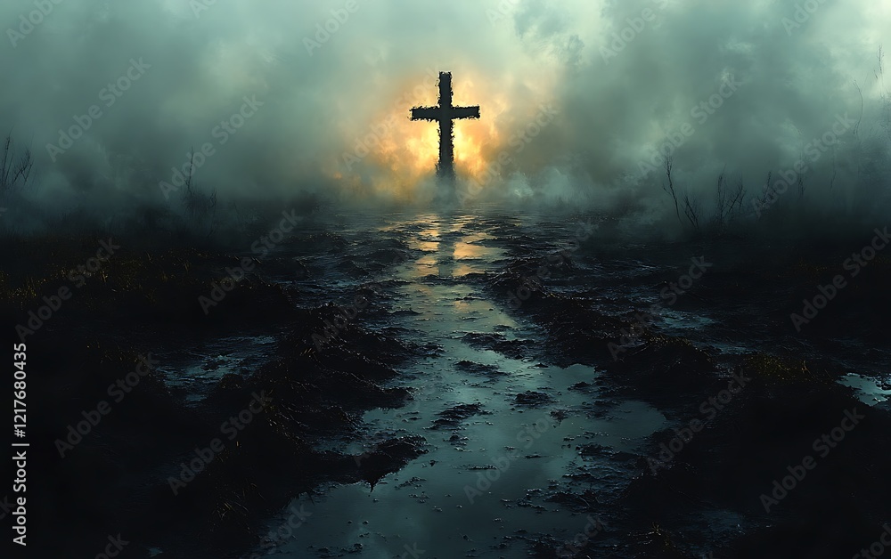 Fototapeta premium Cross Shrouded in Mysterious Mist