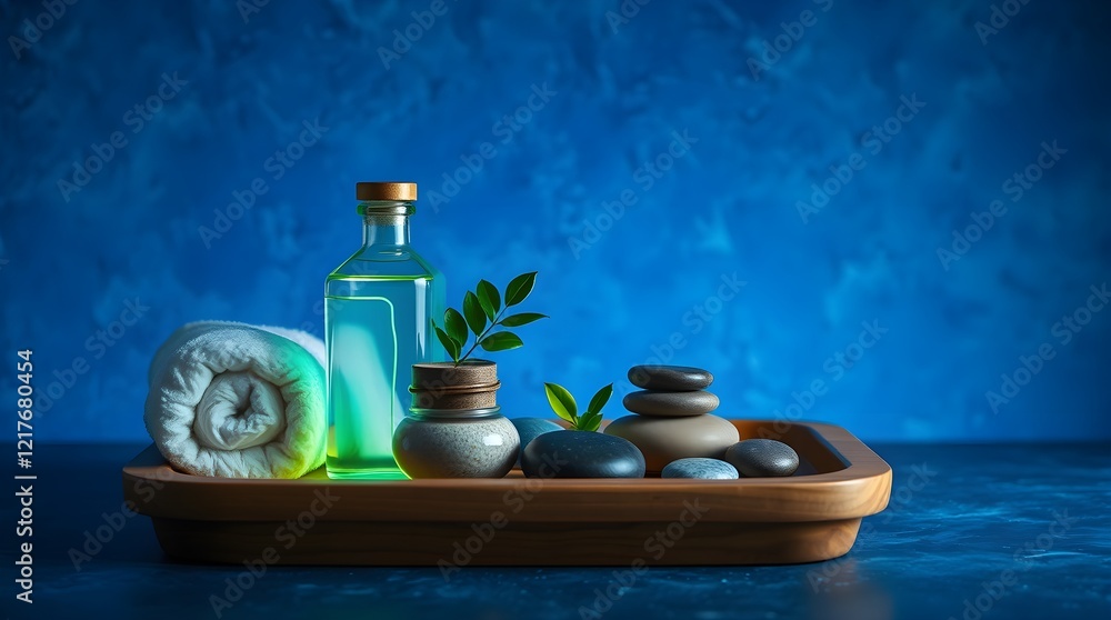 High-resolution stock photo Spa setting with glass bottles, white towels, natural stones, and green plant on wooden tray against textured blue background. High-resolution stock photo Spa setting with glass bottles, white towels, natural stones, and green plant on wooden tray against textured blue background.