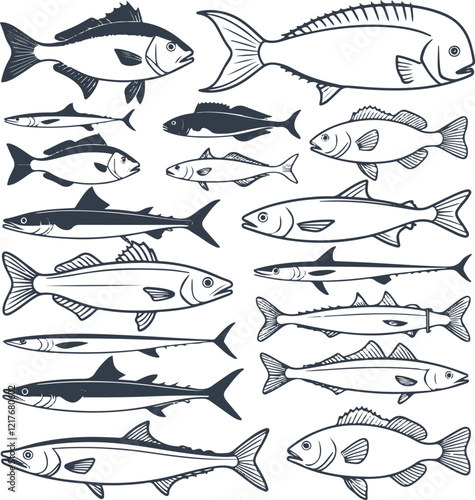 fish illustrated in a flat, line art style. The fish should be diverse in shape and size, showcasing unique characteristics such as fins, scales, and facial features 11.eps