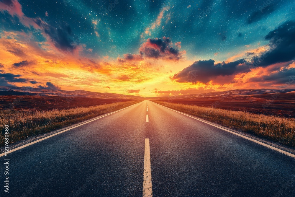 Naklejka premium Vibrant sunset painting the sky with colors over an open road stretching towards the horizon
