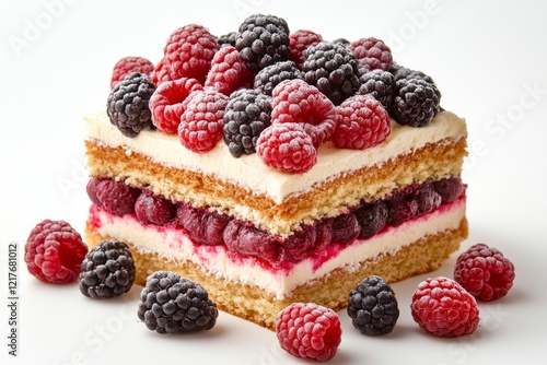 Layered cake with fresh raspberries and blackberries on top ready for a celeb...