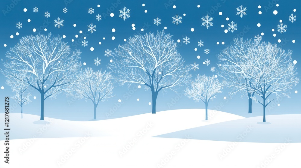 Serene Winter Landscape Snow Falling on Bare Trees in Snowy Field Serene Winter Landscape Snow Falling on Bare Trees in Snowy Field