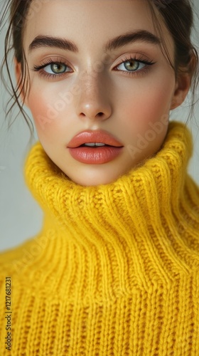 Young woman in a vibrant yellow sweater with a stylish turtleneck on a neutra...