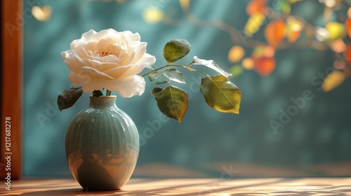 White rose in a simple vase against an orange wall with sunlight streaming in
