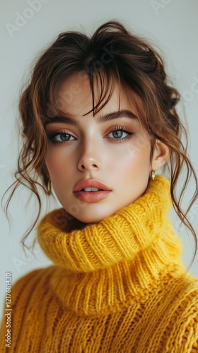 Young woman in a vibrant yellow sweater with a stylish turtleneck on a neutra...