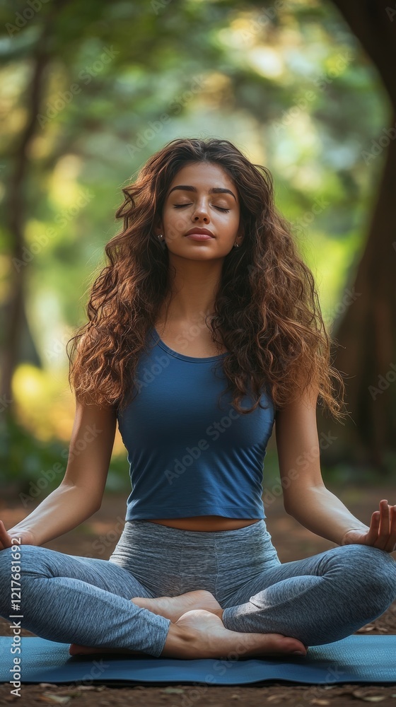 Serene Young Woman Meditates in Lotus Pose on Yoga Mat, Finding Peace in Nature s Embrace Serene Young Woman Meditates in Lotus Pose on Yoga Mat, Finding Peace in Nature s Embrace