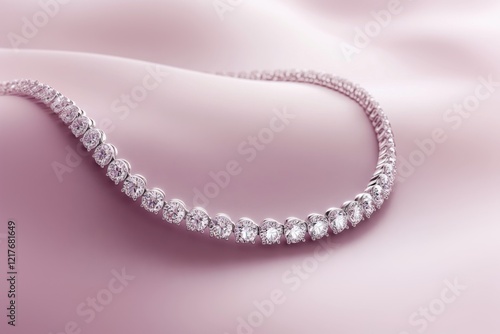 Elegant Diamond Tennis Necklace Luxurious Sparkle on Pink Silk