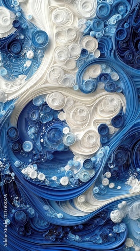 Dynamic waves in shades of blue with swirling clouds in an abstract art piece