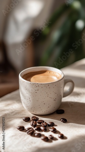 Coffee cup surrounded by roasted beans on a warm surface in sunlight