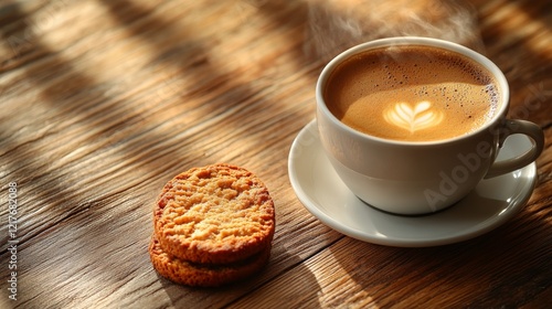Warm coffee and cookie on a wooden table with soft sunlight in the background