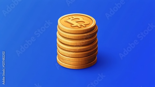 Stacked golden coins reflecting light on a smooth blue surface in a minimalis...
