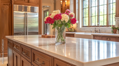Beautiful floral arrangement in a modern kitchen with elegant decor and marbl...
