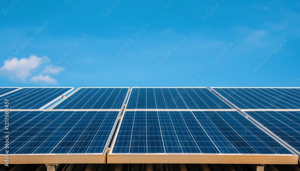 Solar Panel Array on Rooftop Under Bright Blue Sky with Clouds