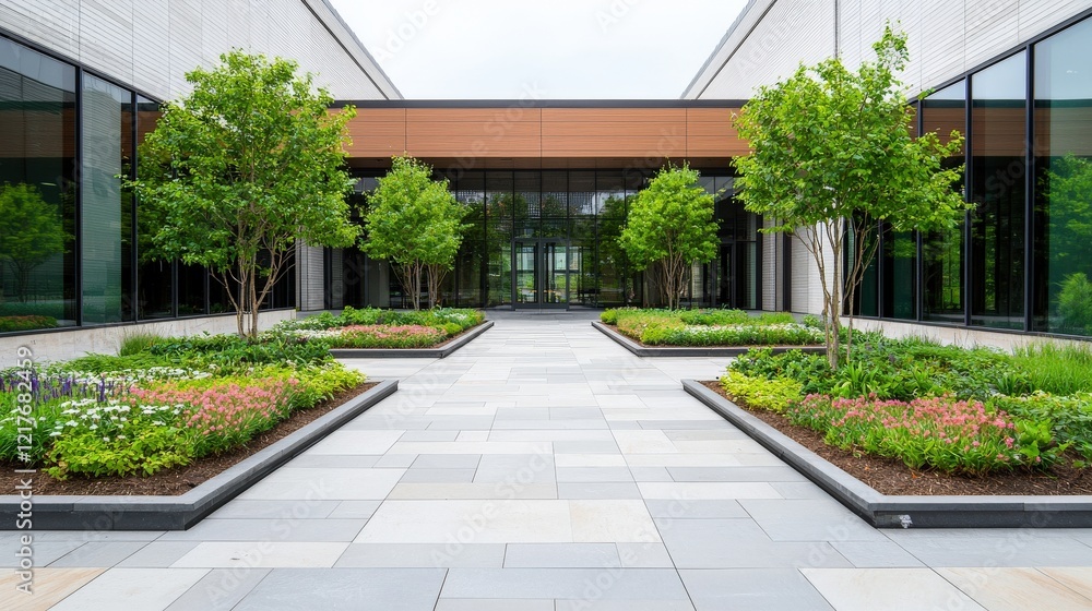 Tranquil Modern Courtyard with Greenery and Paved Walkway Tranquil Modern Courtyard with Greenery and Paved Walkway