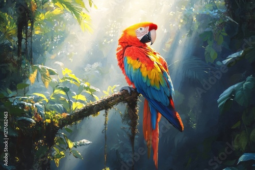 Colorful macaw perched on a branch in a lush tropical forest during golden hour