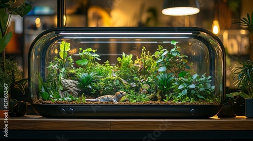 Lifelike terrarium featuring lush greenery and a small reptilian figurine in ...