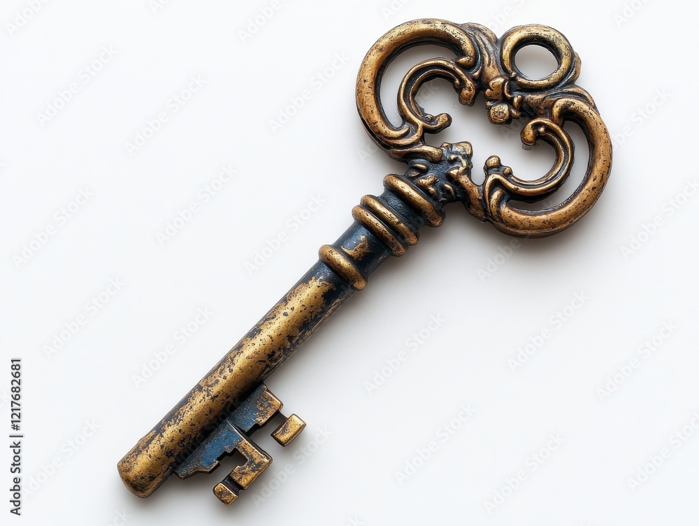 An ornate brass key with intricate designs and a vintage appearance. An ornate brass key with intricate designs and a vintage appearance.