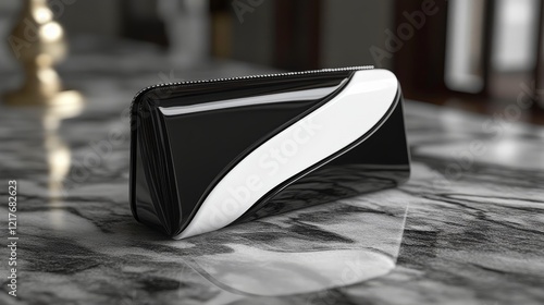 Elegant black and white clutch resting on a marble surface in a modern interi...