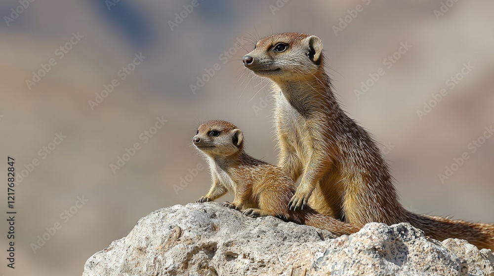 Fototapeta premium Meerkats mother and pup on rock observing