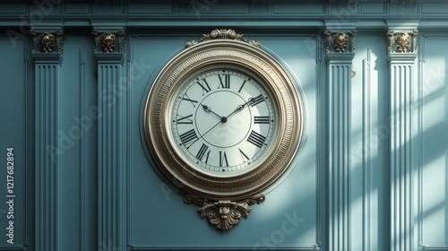Classic gold clock with Roman numerals resting on a textured blue surface in ...