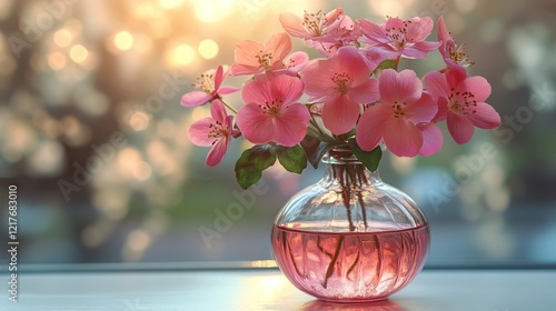 Elegant pink blossoms in a clear vase capturing sunlight in a serene indoor s...
