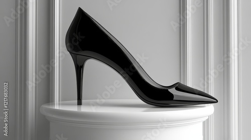 Elegant black high heel shoe displayed on a white pedestal against a textured...