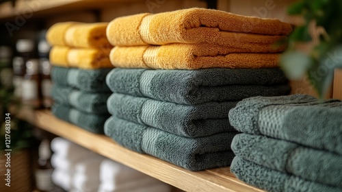 Soft towels arranged neatly on wooden shelves in a home decor shop showcasing...