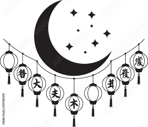 Festival lanterns and moon  silhouette,vector for design 