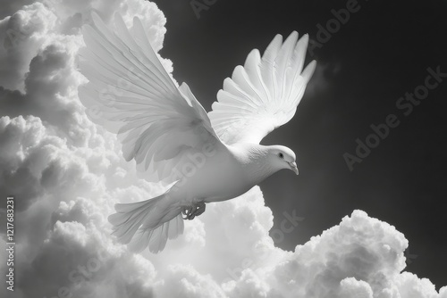 White dove soaring among colorful clouds at sunset in a serene sky