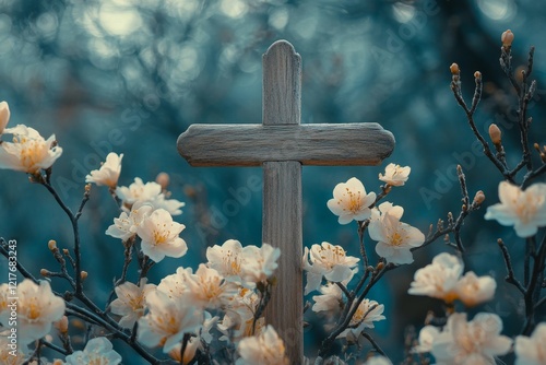 Wooden cross surrounded by delicate pink flowers on a soft blue background du...