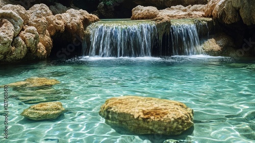 Clear water flowing over smooth stones in a serene mountain river on a sunny day