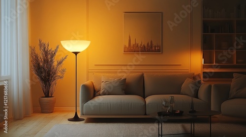 Cozy living room with soft lighting and plants during golden hour in a tranqu...