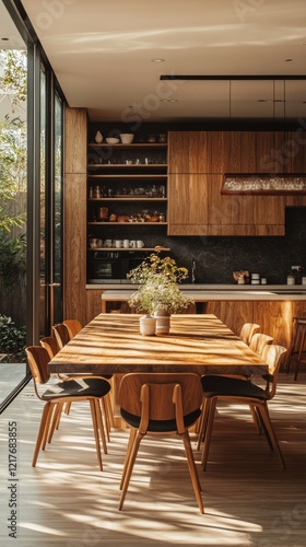 Modern dining area with wooden table and natural decor in cozy setting with l...