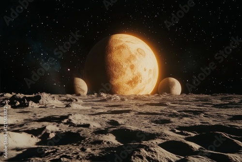 Exploring distant planets and their moons in a stunning cosmic landscape