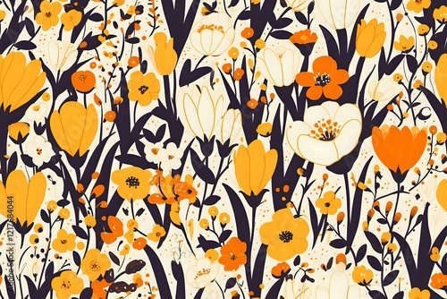 Vibrant floral seamless pattern with orange and white wildflowers, tulips and botanical elements on dark background. Perfect for fabric, wallpaper and surface design projects.