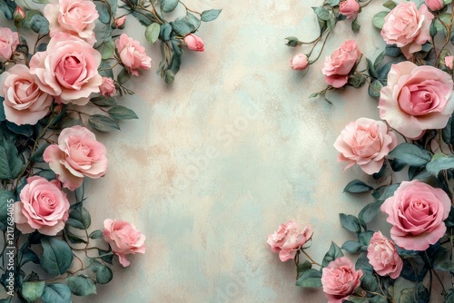 Beautiful arrangement of soft pink flowers against a pastel background in a f...