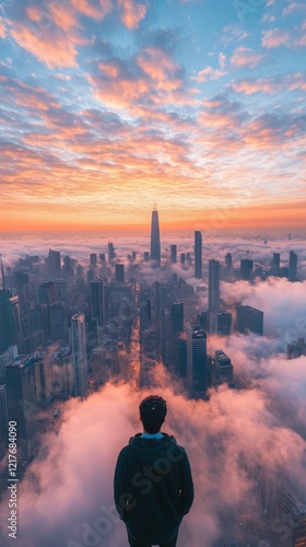 Majestic skyline of New York City enveloped in clouds during sunrise