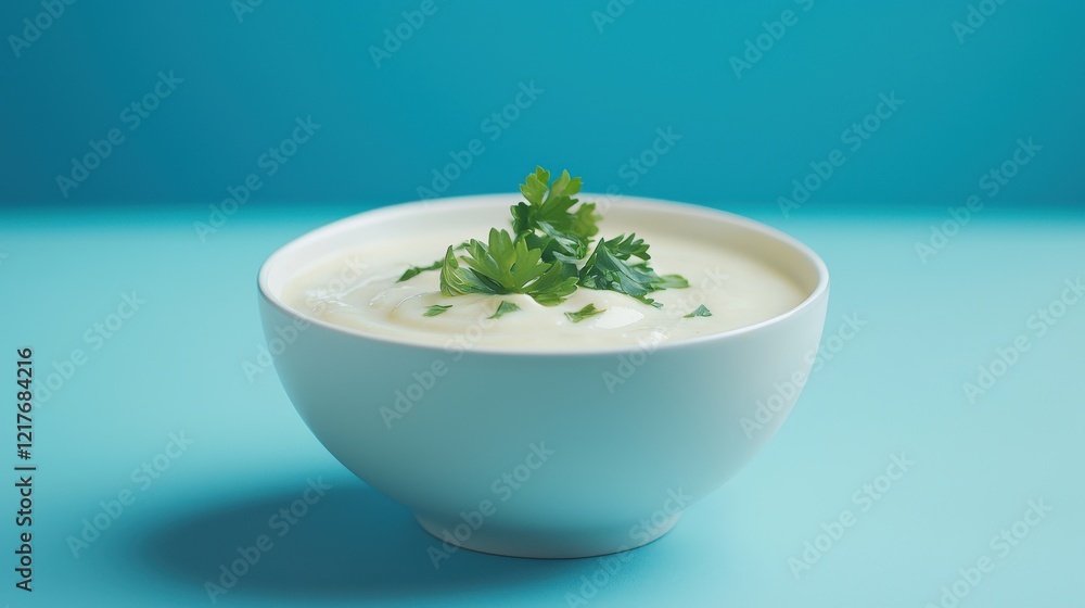 Creamy Yogurt Bowl with Fresh Cilantro on Bright Blue Background for Healthy Eating Lifestyle Photography Creamy Yogurt Bowl with Fresh Cilantro on Bright Blue Background for Healthy Eating Lifestyle Photography