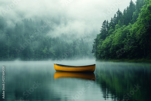 Calm waters reflect a yellow boat amidst lush green forests and morning mist