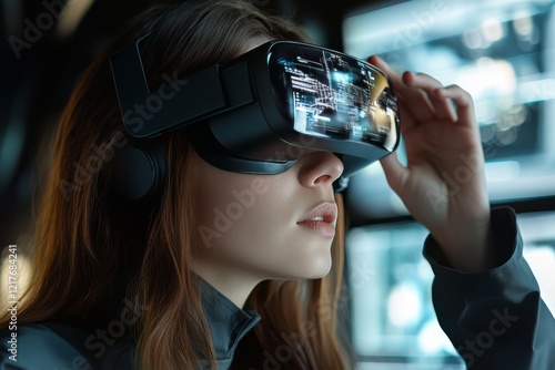 Virtual reality experience with advanced headset in dimly lit setting