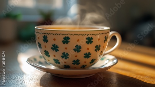 Hot tea in a delicate cup surrounded by blooming flowers in a serene garden s...