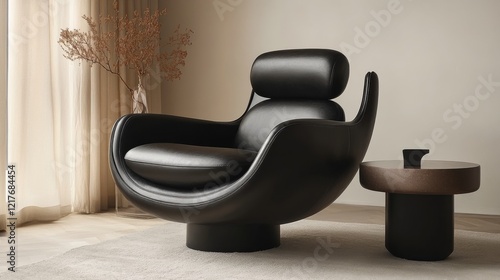 Modern black chair with minimalist decor in elegant interior living space und...