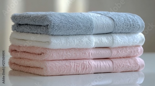 Soft towels stacked neatly on a table in a bright, natural light setting