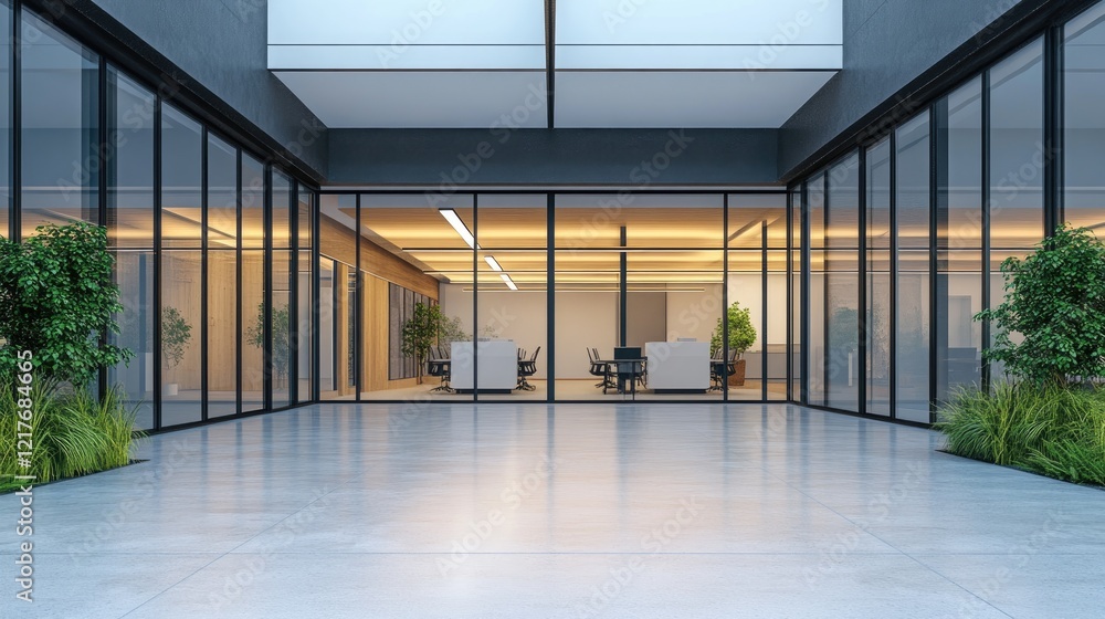 Fototapeta premium Modern Office Building Interior Courtyard at Dusk